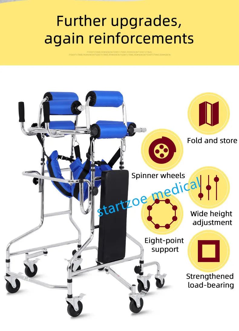 Upright Rollator Walker – 8-Wheel Anti-Tilt Stand-Up Walker with Seat, Hemiplegia Mobility Support Frame