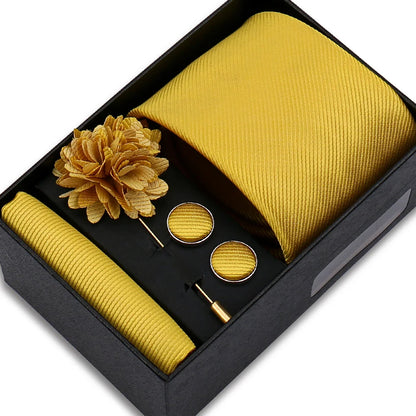 Men's Solid Color Tie Set - Jacquard Necktie, Hanky, Cufflinks & Brooch Gift Box for Weddings