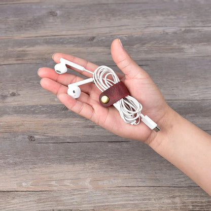 Earphone Wire Organizer – Genuine Leather Cable Winder & Cord Holder, Plug Bobbin Clip for Data Line Wrapping