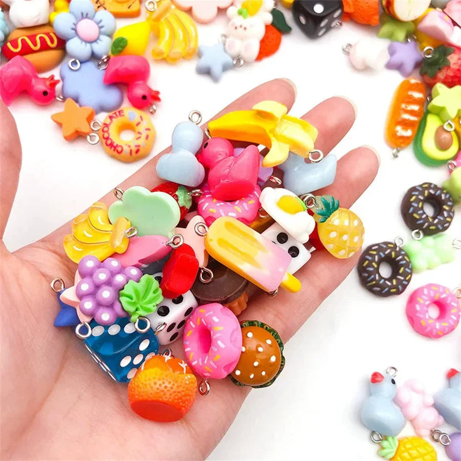 10/20PCS Mixed Color Resin Pendants – Perforated Fruit & Animal Charms for Keychains, Bracelets & DIY Accessories