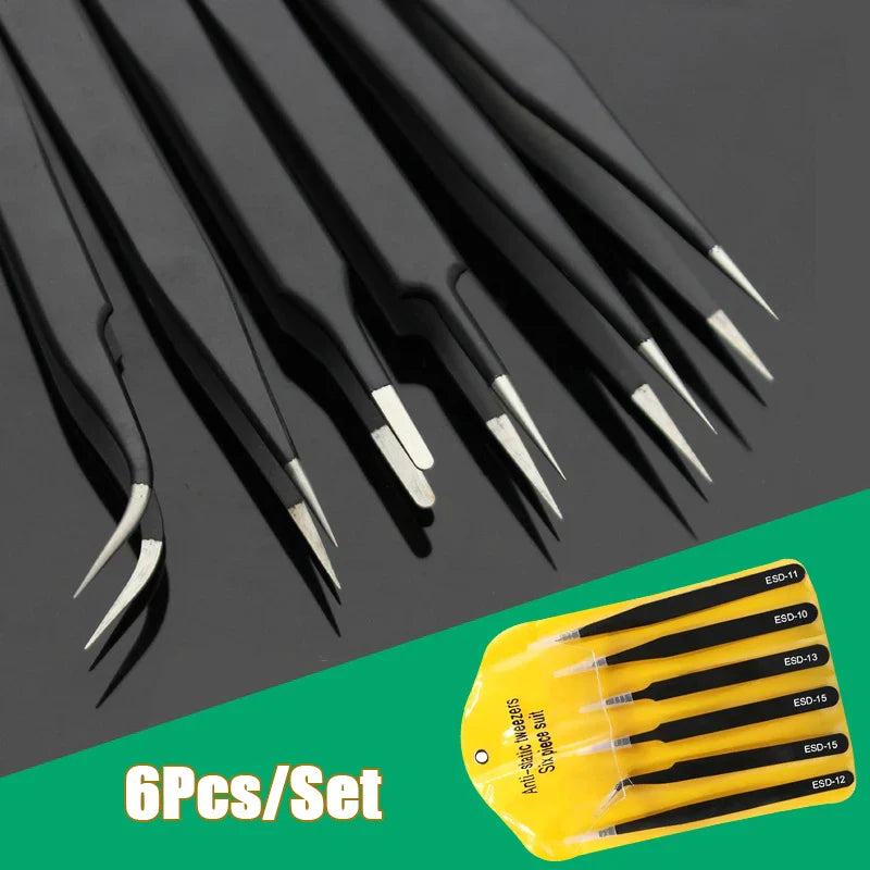 6PCS Anti-Static Stainless Steel Precision Tweezers Set – Curved Industrial Repair Tools for Electronics, Model Making & Maintenance