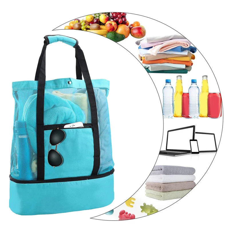 Women's Double-Layer Mesh Picnic Beach Bag: Transparent, High-Capacity Heat Preservation Swim Storage Tote - Waterproof Shopping Bags