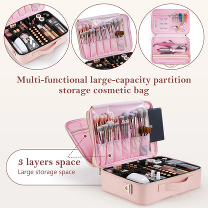 Professional Makeup Bag — Extra-Large Cosmetic Train Case with Brush Organizer, Storage Compartments & Dividers for Artists