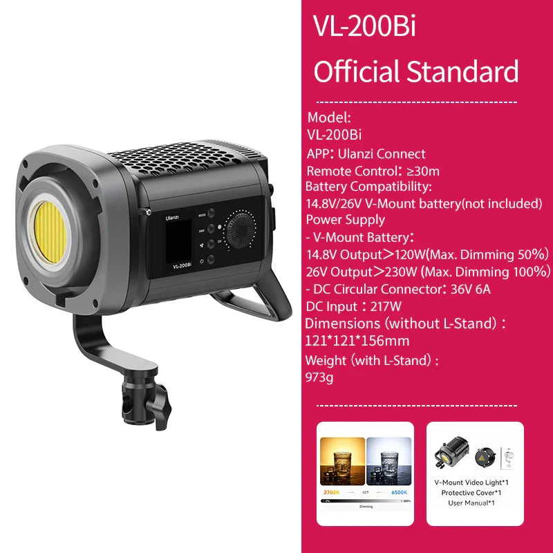 Ulanzi VL-120Bi VL-120C 120W V-Mount COB Light – Wireless APP Control, 2700K-6500K Video Light for Skit Video Photography