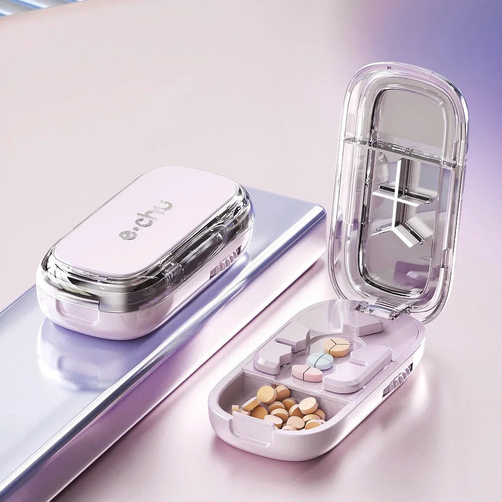 Quartering Pill Cutter & Storage Box – Portable Dustproof Medicine Tablet Crusher with Divider Organizer