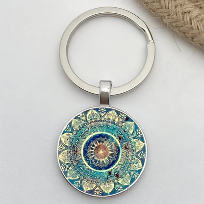 Retro Mandala Flower Yoga Keychain – Buddhist Chakra Glass Car Keyring for Men & Women Spiritual Jewelry Gift Accessory