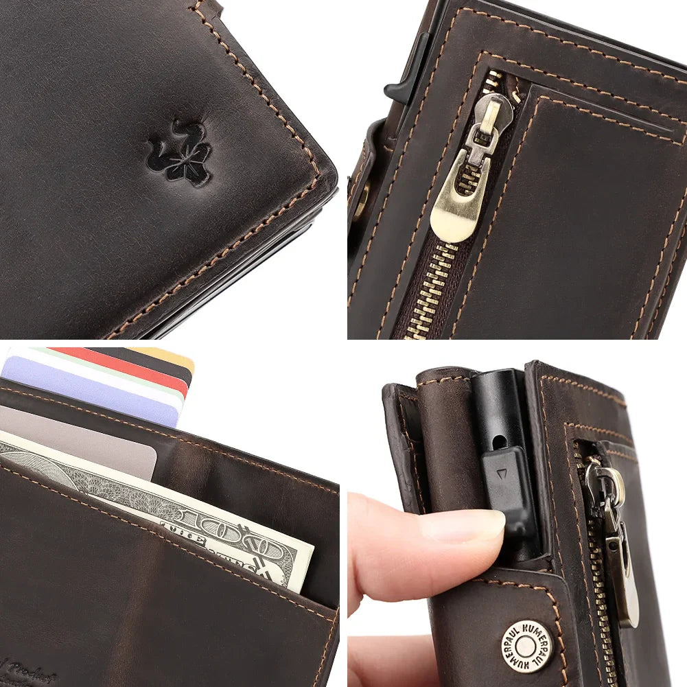 HUMERPAUL Men’s Pop-Up Card Holder – Crazy Horse Leather RFID Blocking Slim Wallet with Money Pocket & Metal Bank Card Case