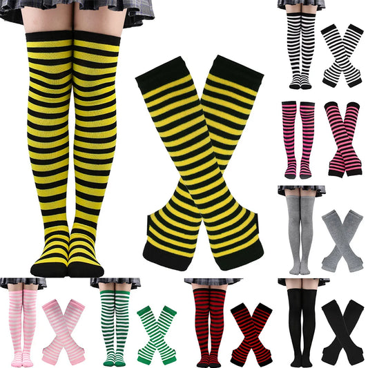 Women & Girls Over Knee Long Stripe Printed Thigh High Cotton Socks – Cute Plus Size Arm Sleeve Gloves & Overknee Socks