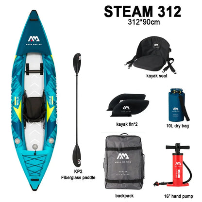 AQUA MARINA STEAM Inflatable Sport Kayak – 1-2 Person PVC Canoe Dinghy Raft with Pump, Seat & Drop Stitch Floor