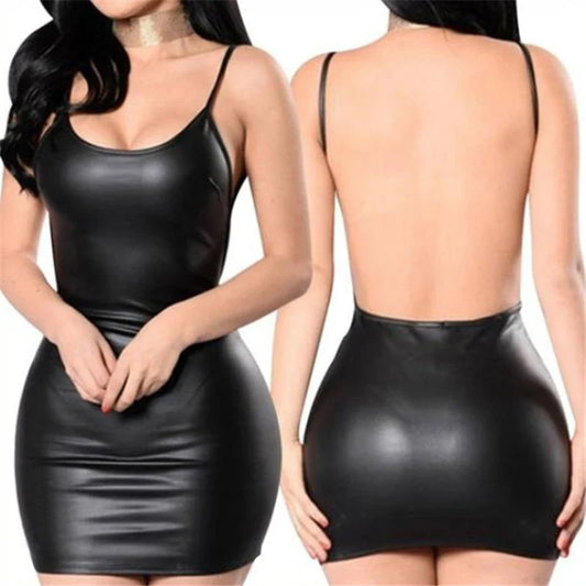 Sexy Faux Leather Backless Mini Dress - Solid Black Wet Look Bodycon Party Dress with Push Up Bra