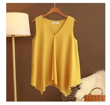 Women's Chiffon V Neck Blouse - Loose Sleeveless Plus Size Fashion Top M-5XL