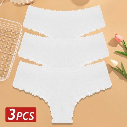 3PCS Women’s Cotton Lace Panties Set - Low Waist Brazilian Bikini Underwear Soft Floral Lingerie T-Back Style