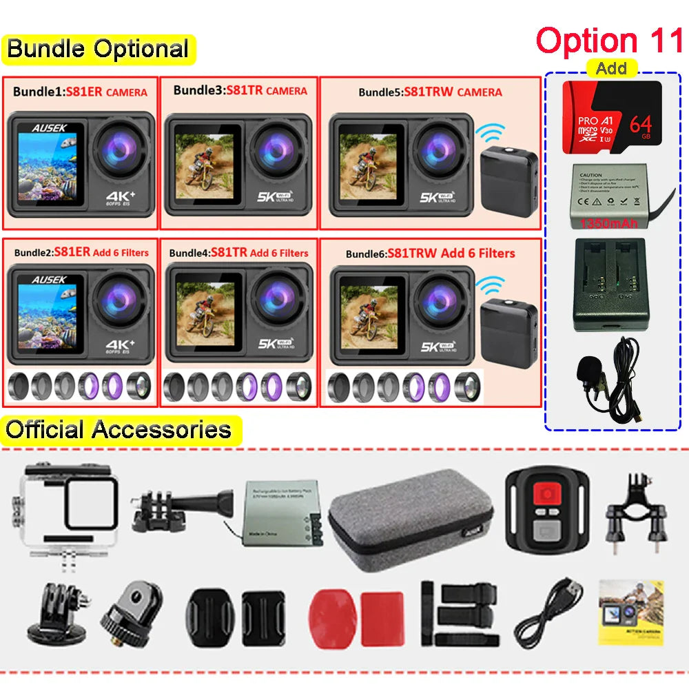 AUSEK S81TRW 5K Action Camera – 4K60FPS, 48MP, EIS, 5X Zoom, 1080P Webcam, Wi-Fi Vlog Sports Cam with Remote & Optional Filters