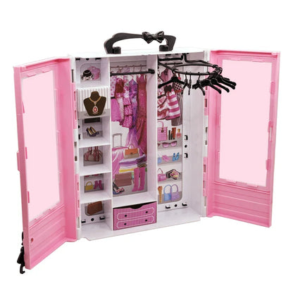 Pink Doll Wardrobe Playset with 10 Hangers – Fold-Out Portable Closet Fashion Toy Gift