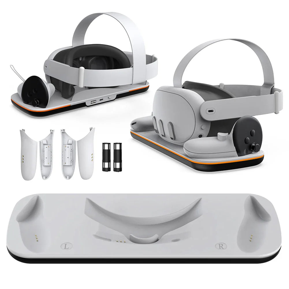 VR Headset Controller Charging Dock for Meta Quest 3 — Cradle with 2 Rechargeable Batteries & USB-C Cable