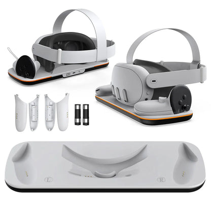 VR Headset Controller Charging Dock for Meta Quest 3 — Cradle with 2 Rechargeable Batteries & USB-C Cable
