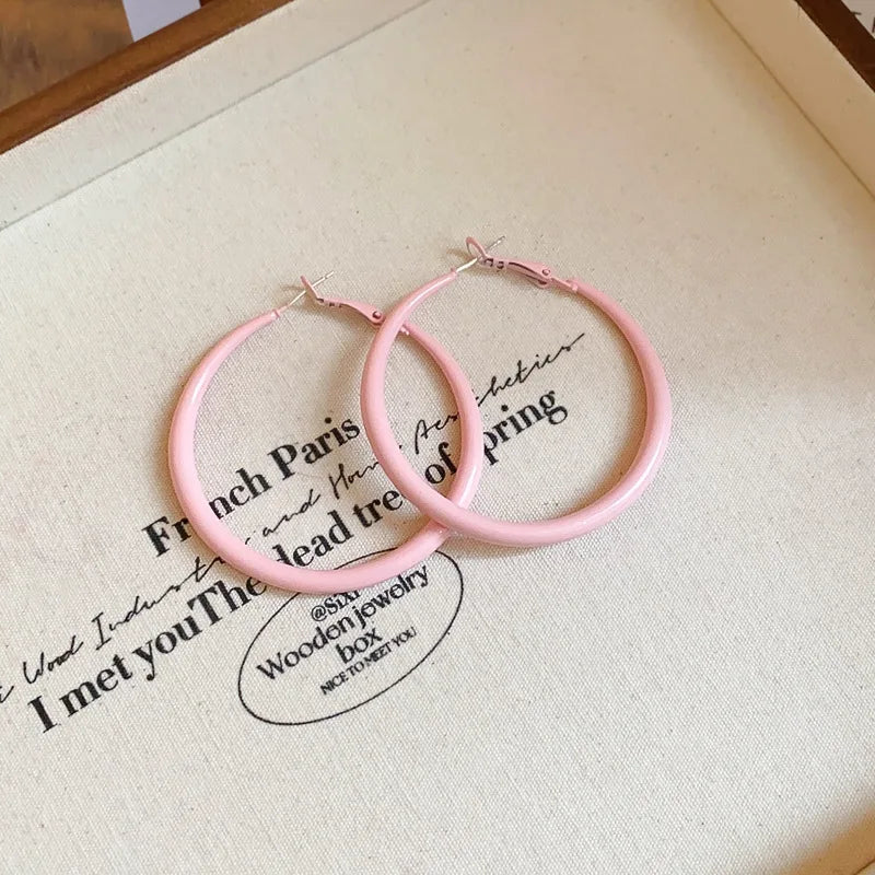 Women’s Dopamine Candy Hoop Earrings – Large Round Hollow Solid Color Ear Buckles, Versatile Fashion Jewelry