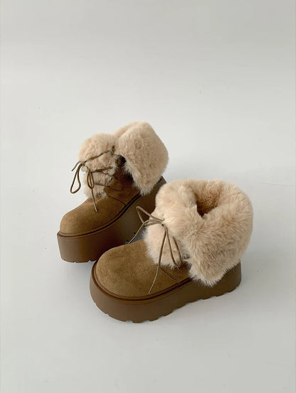 Women’s Winter Chunky Sole Fur Snow Boots – Cozy Height-Boosting Cotton Short Booties