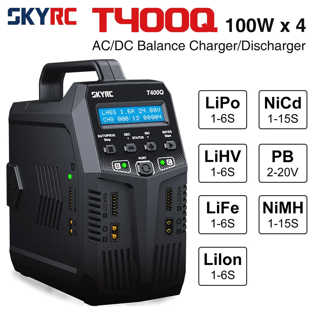 SKYRC T100 AC Dual 5A Lipo Battery Charger — 2x50W Balance Charger for 2-4S NiMH, NiCd, LiPo, LiFe, LiIon, LiHV RC Cars