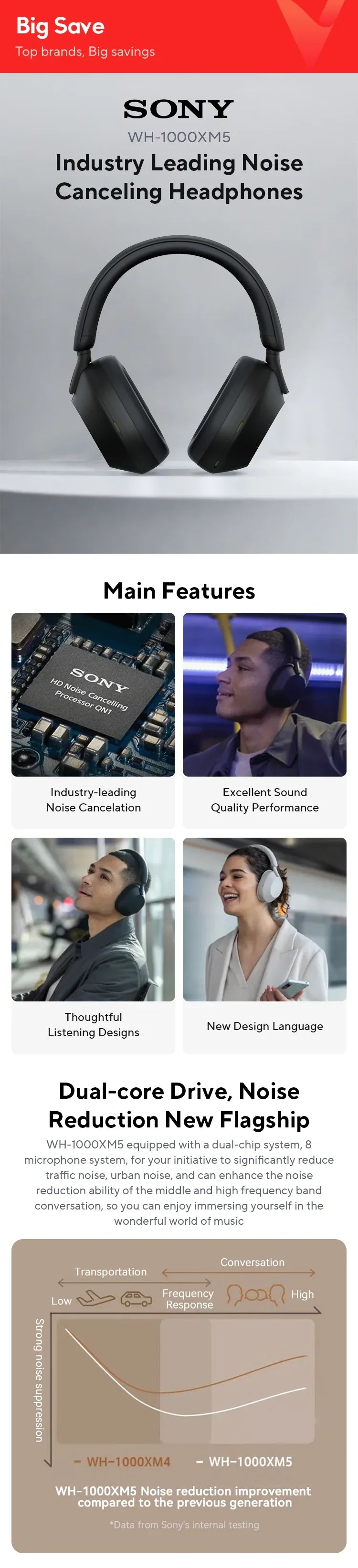 Sony WH-1000XM5 Wireless Noise-Canceling Headphones – Foldable Bluetooth Earphones with Bass Stereo Sound for Gaming, Business & Exercise