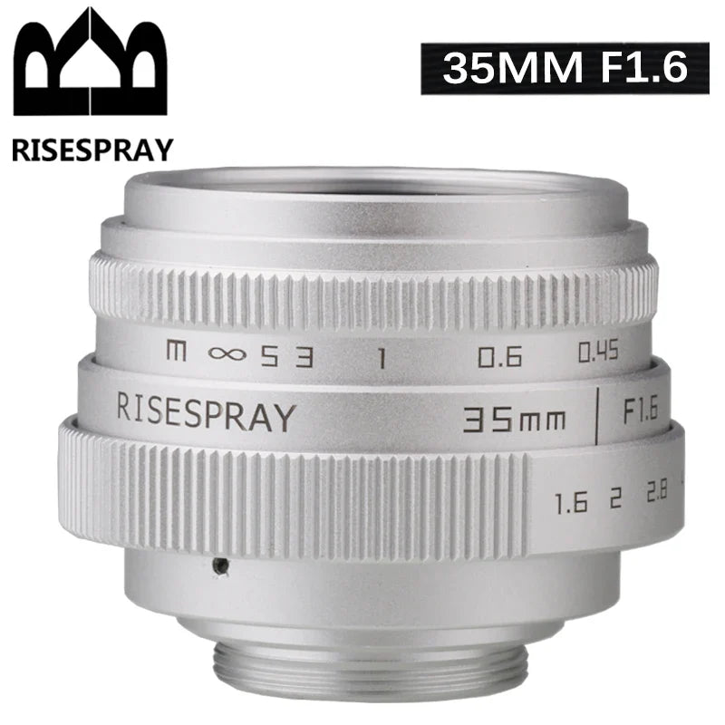Silver Mini 35mm f/1.6 APS-C CCTV Lens with Adapter Ring — Compatible with Panasonic/Olympus Micro 4/3, Sony E, Canon EOS-M, Fujifilm