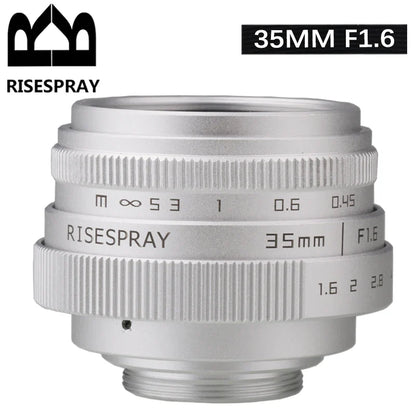 Silver Mini 35mm f/1.6 APS-C CCTV Lens with Adapter Ring — Compatible with Panasonic/Olympus Micro 4/3, Sony E, Canon EOS-M, Fujifilm