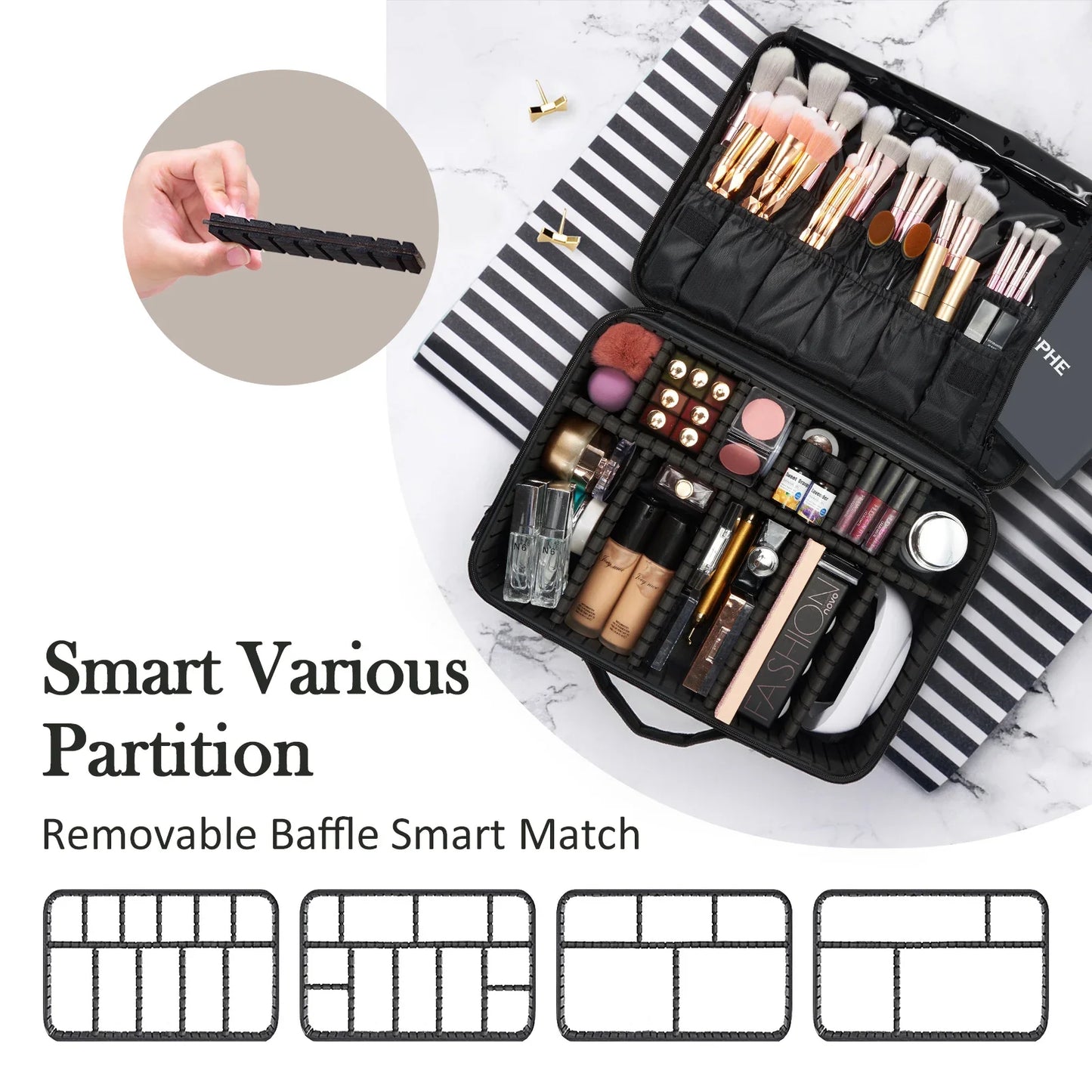 Professional Makeup Bag — Extra-Large Cosmetic Train Case with Brush Organizer, Storage Compartments & Dividers for Artists