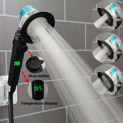 High-Pressure Turbo Propeller Shower Head with Temperature Display and Water-Saving Stop Button - Handheld Bathroom Shower Head