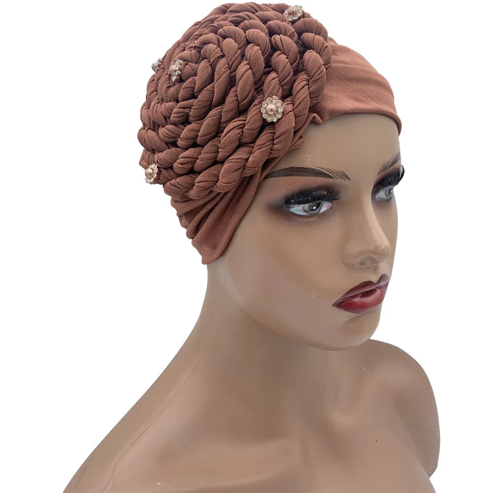 Diamond Braided Turban Hat for Women – Muslim Hijab Bonnet, African Headwrap Cap, Inner Headscarf