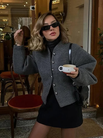 2025 Women's Elegant Long Sleeve Woolen Coat – V-Neck, Single-Breasted Slim Fit Solid Color Office Jacket