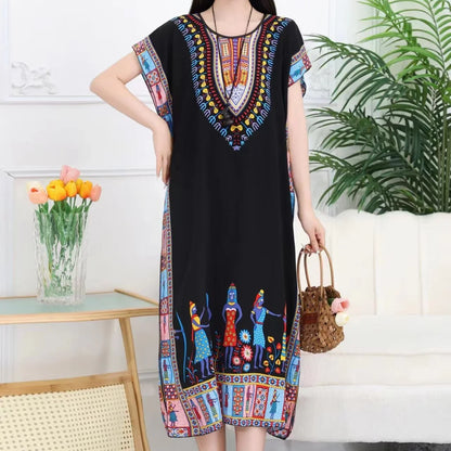 Women’s Bohemian Floral Tunic Dress - Retro Ethnic Print Batwing Sleeve Loose Summer Maternity Streetwear