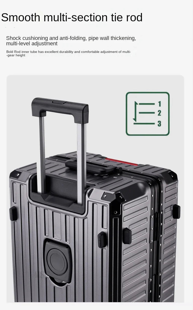 30-Inch Five-Wheel Aluminum Frame Suitcase — Multifunctional Cabin Luggage with Password Lock, USB Port & Cup Holder