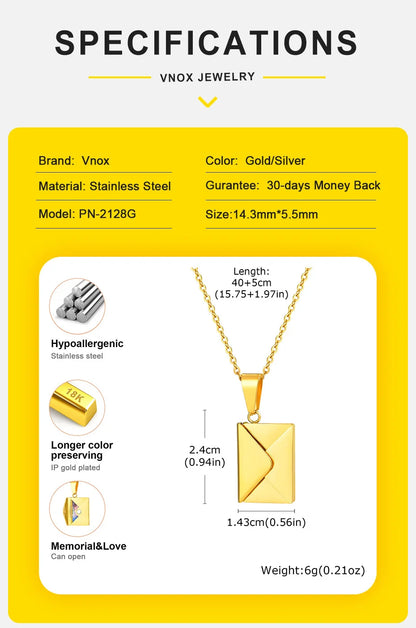 Vnox Custom Envelope Photo Necklace – Stainless Steel Personalized Pendant for Women & Girls