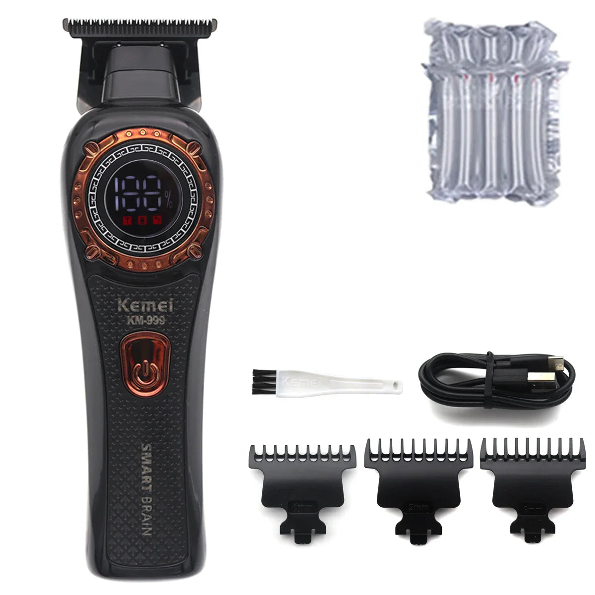 Kemei KM-999 Hair Trimmer for Men – DLC T-Blade, Zero Gapped, LED Display, Cordless USB Professional Hair Clipper