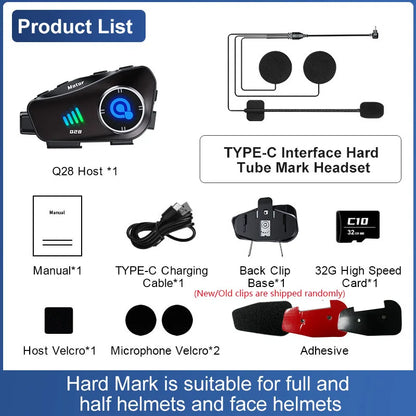 Q28 Motorcycle Helmet Bluetooth Headset — 1080P HD Wireless Camera with Super Wide-Angle Lens, WiFi, IP66 Waterproof Video Recorder