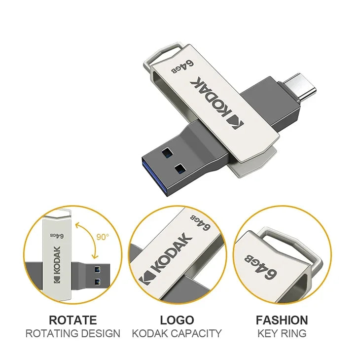 KODAK USB 3.2 Type-C Flash Drive – High-Speed 32GB/128GB/256GB Dual Memory Stick for Smartphone & Laptop