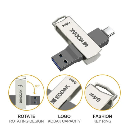 KODAK USB 3.2 Type-C Flash Drive – High-Speed 32GB/128GB/256GB Dual Memory Stick for Smartphone & Laptop