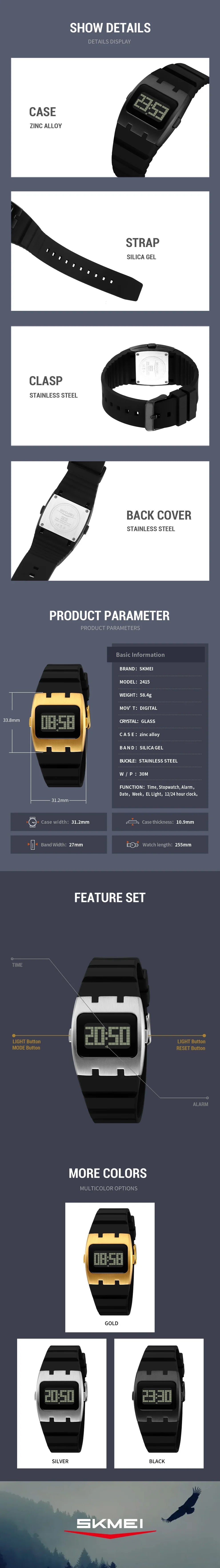 SKMEI 2415 Men’s Digital Watch — Waterproof Luminous Electronic Chronograph with Calendar & Alarm