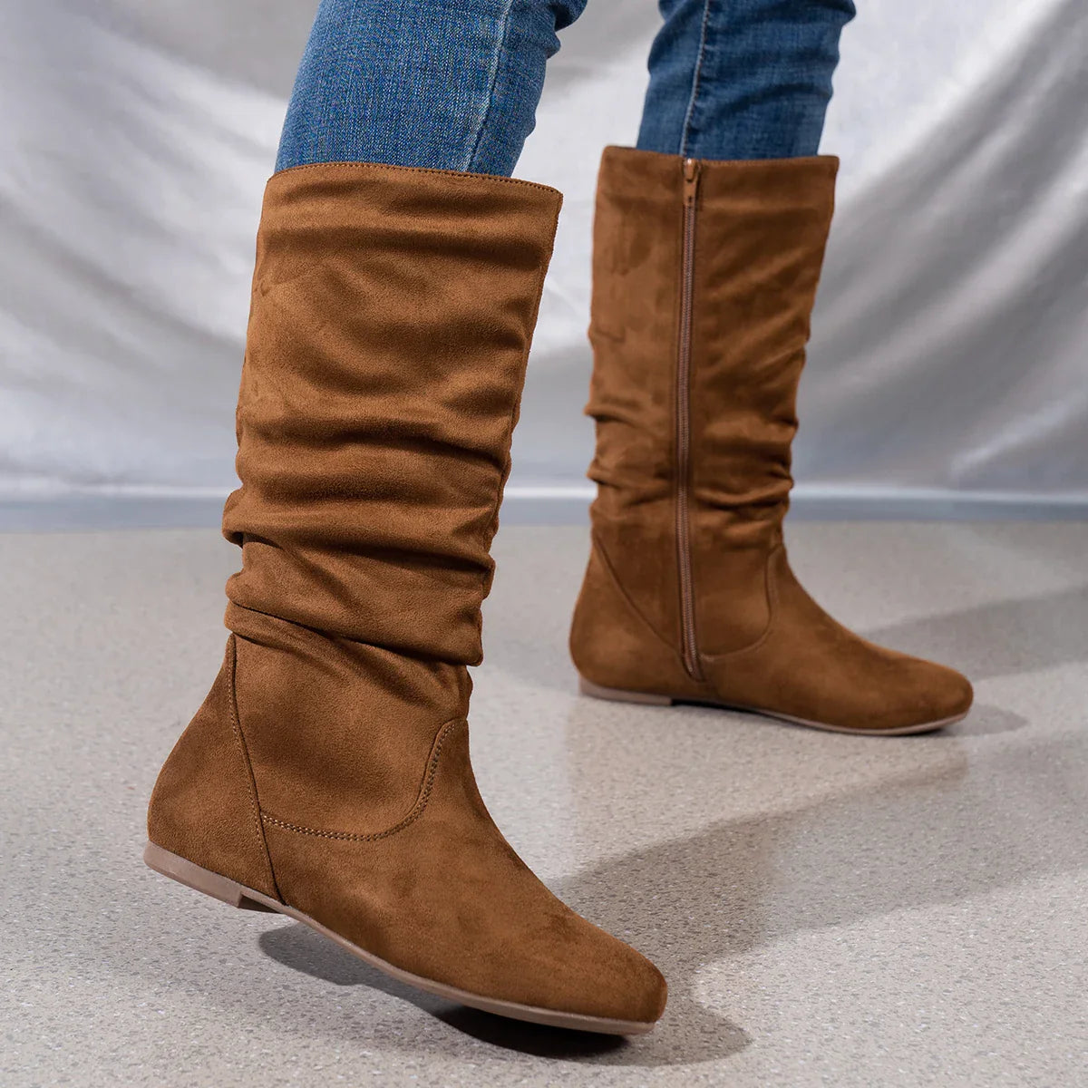 Pleated PU Women’s Fashion Boots – Casual Side-Zip Round Toe Flat High Solid Color Boots