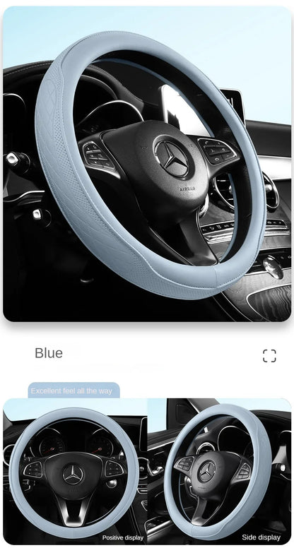 Napa Leather Perforated Patchwork Steering Wheel Cover - Non-slip & Breathable, Universal 15 Inch (38cm)