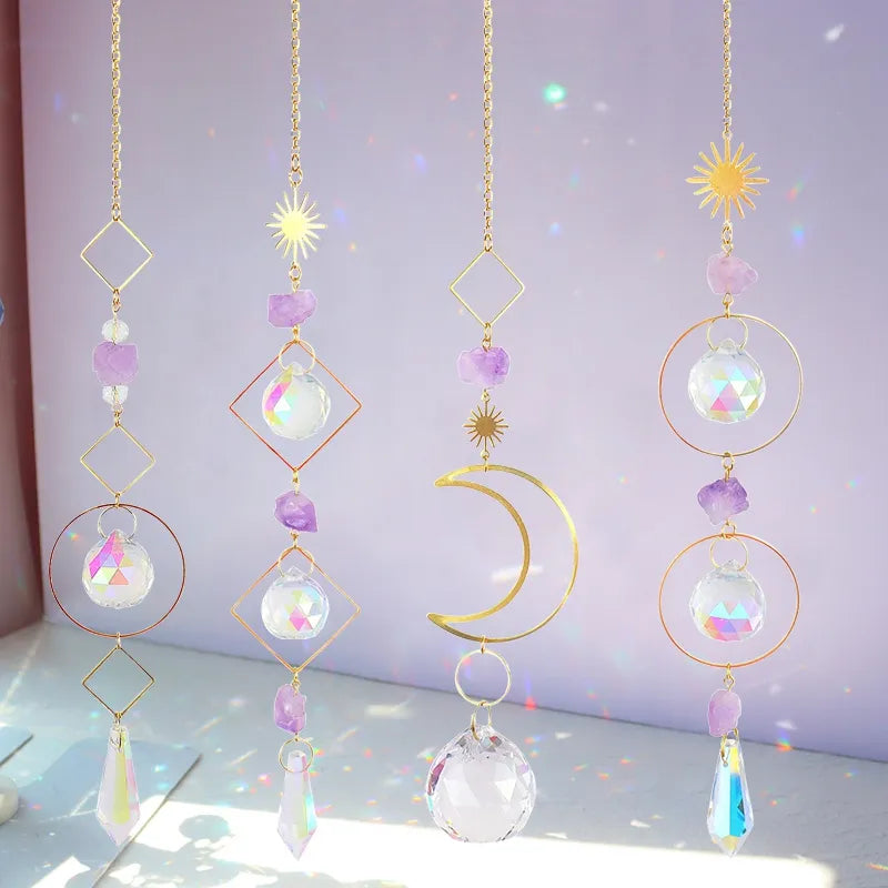 Moon Crystal Suncatcher: Hanging Rainbow Prism Wind Chime with Crystal Pendants, Ideal for Christmas Tree and Home Decor