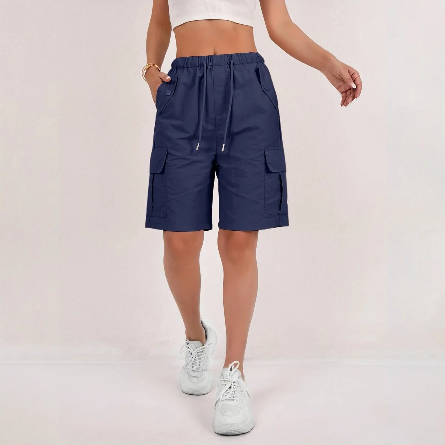 Women’s High-Waisted Cargo Shorts - Loose Straight-Leg Drawstring Sports Shorts with Multiple Pockets