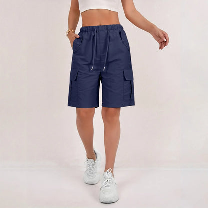 Women’s High-Waisted Cargo Shorts - Loose Straight-Leg Drawstring Sports Shorts with Multiple Pockets