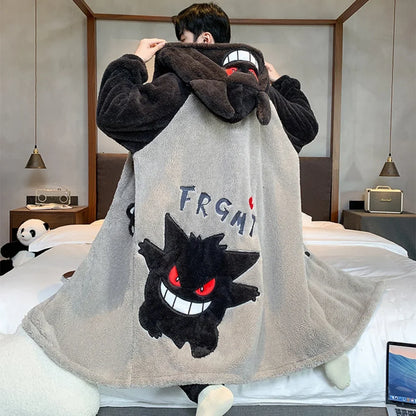 Gengar Pokemon Pajamas Set — Men’s Large Winter Coral Fleece Hooded Nightgown, Thick Warm Anime Home Suit
