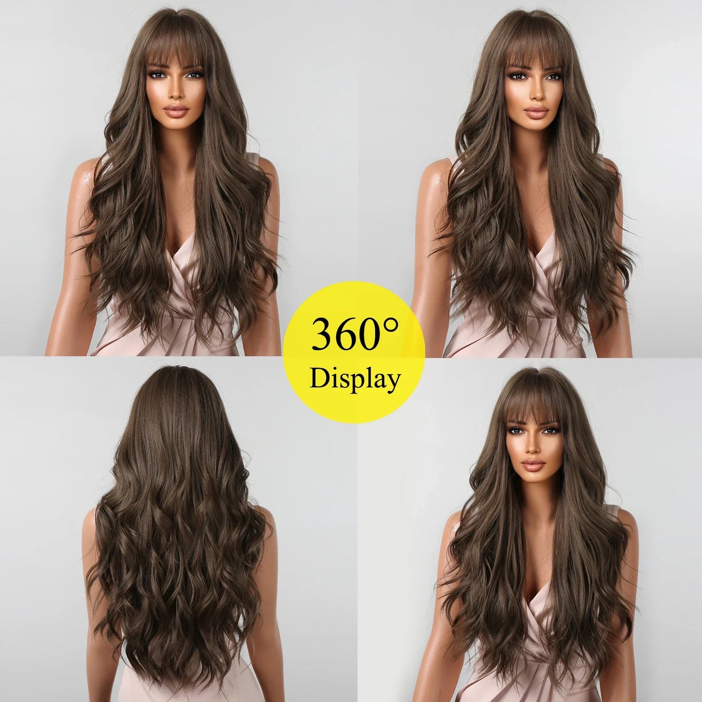 Brown Long Wavy Wig for Women with Bangs — Natural-Look Synthetic Hair, Heat-Resistant for Daily & Cosplay