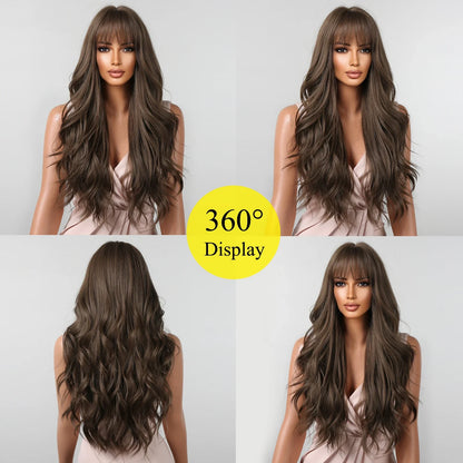 Brown Wavy Long Wig for Women with Bangs — Natural-Look Synthetic Hair, Heat-Resistant for Daily & Cosplay