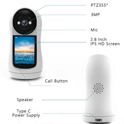 BESDER 3MP PTZ WiFi Camera Baby Monitor - Video Call Feature with 2.8 Inch IPS Screen, Sound Detection, Security IP Camera via iCSee