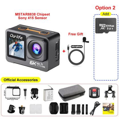 6K 4K60FPS Action Camera – 50MP Dual Screen, 2.0" Touch LCD, EIS, WiFi, 170° Lens, 30M Waterproof, 5X Zoom with Remote