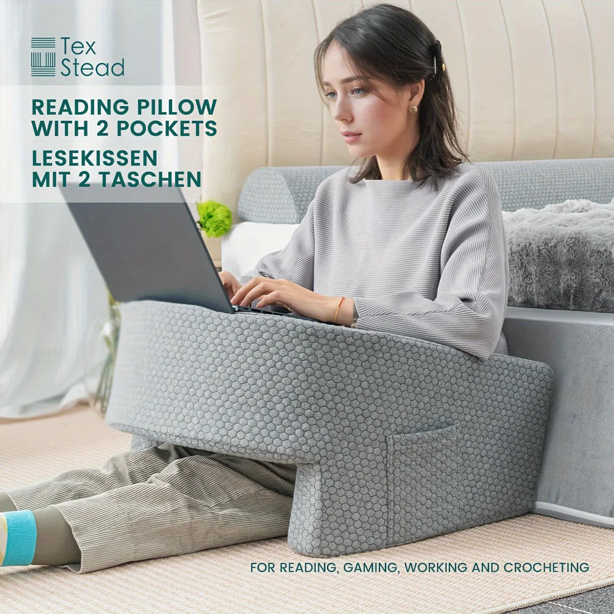 Soft Reading Pillow with Arm Rests - Lap Desk Cushion for Gaming, Working, Sitting on Floor or Sofa, with Washable Cover