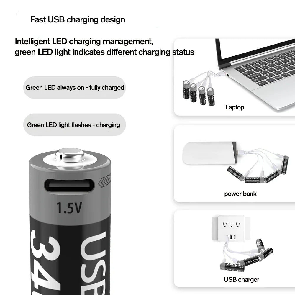 MATOV USB Rechargeable Li-ion AA 3400mWh & AAA 1100mWh 1.5V Batteries Pack